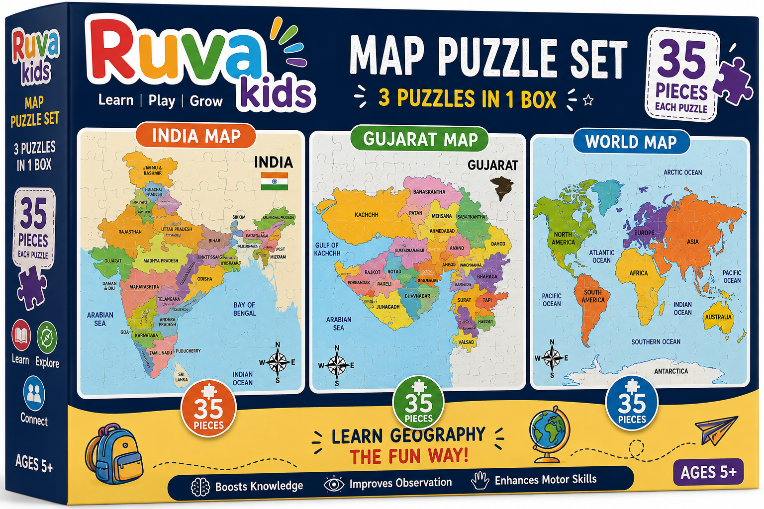 Ruva Kids 3-in-1 Map Puzzle Set – India, Gujarat & World | 105 Pieces